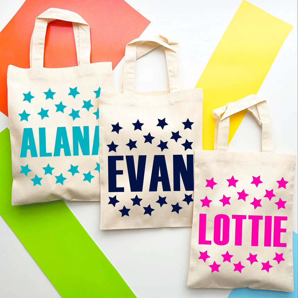 Personalised Stars Name Cotton Party Bag, Kids Birthday gift bag, children's celebration, girl's Boy's event, occasion, wedding Hen favours