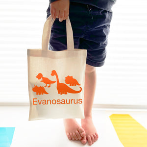 Personalised Kids Dinosaur Name Cotton Party Bag, Birthday gift bag, children's celebration, girl's Boy's event, theme occasion