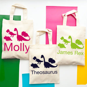 Personalised Kids Dinosaur Name Cotton Party Bag, Birthday gift bag, children's celebration, girl's Boy's event, theme occasion
