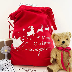 Personalised Red Christmas Sack, Cotton fabric Sack, Santa Sack, Christmas Stocking, Father Christmas reindeer, Child Xmas, Personalize Gift