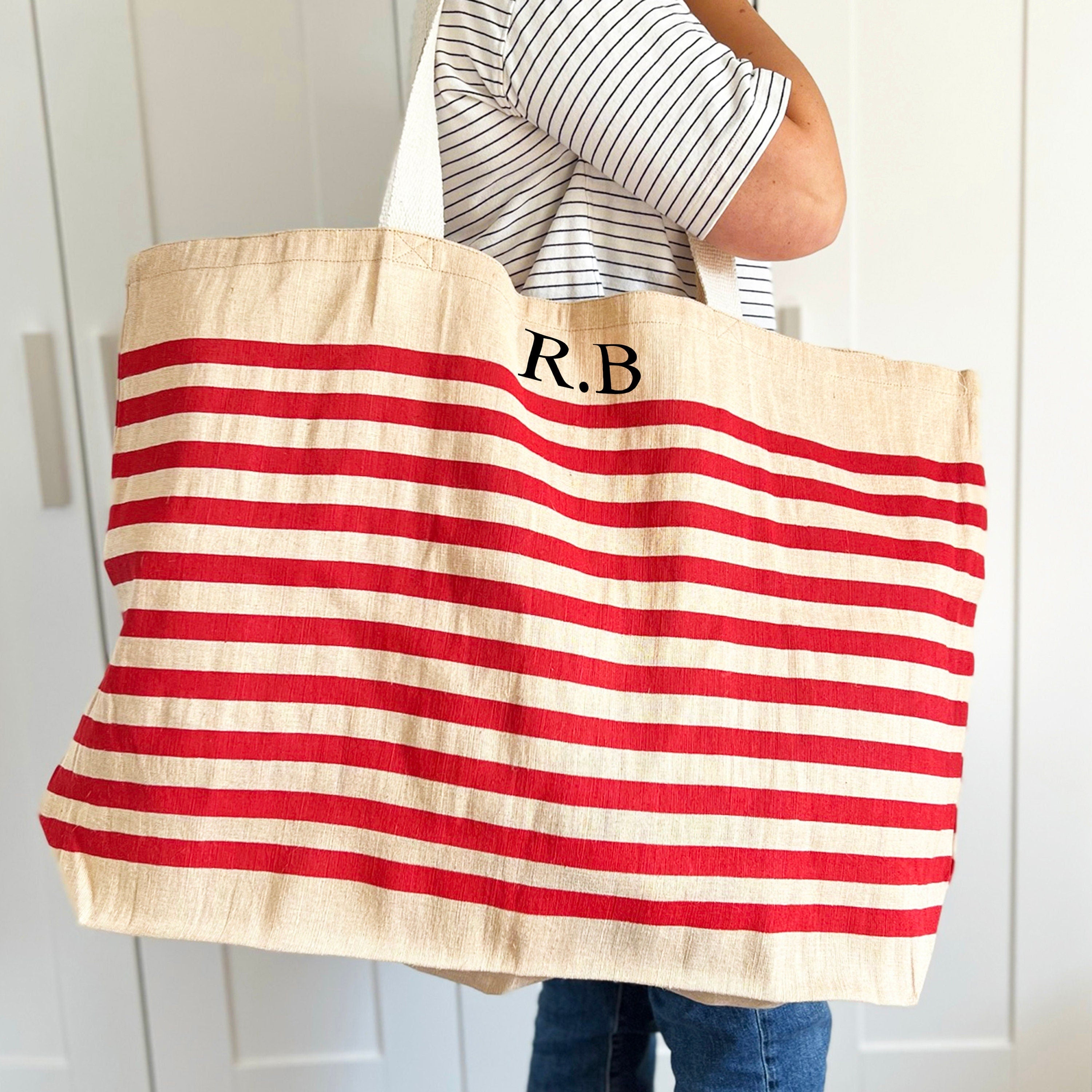 Personalised Beach Bag with Initials, Red Stripe,  Large Hold-all , Tote, Family Beach Bag, Big Shopping Bag, Swimming Bag, Groceries