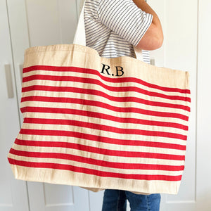 Personalised Beach Bag with Initials, Red Stripe,  Large Hold-all , Tote, Family Beach Bag, Big Shopping Bag, Swimming Bag, Groceries