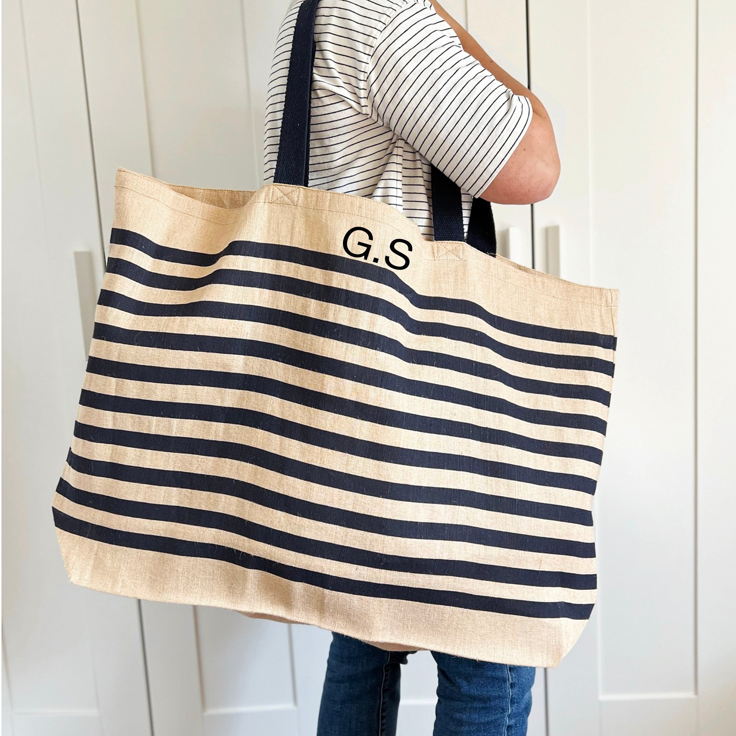 Personalised Beach Bag with Initials, NAVY Stripe,  Large Hold-all , Tote, Family Beach Bag, Big Shopping Bag, Swimming Bag, Groceries