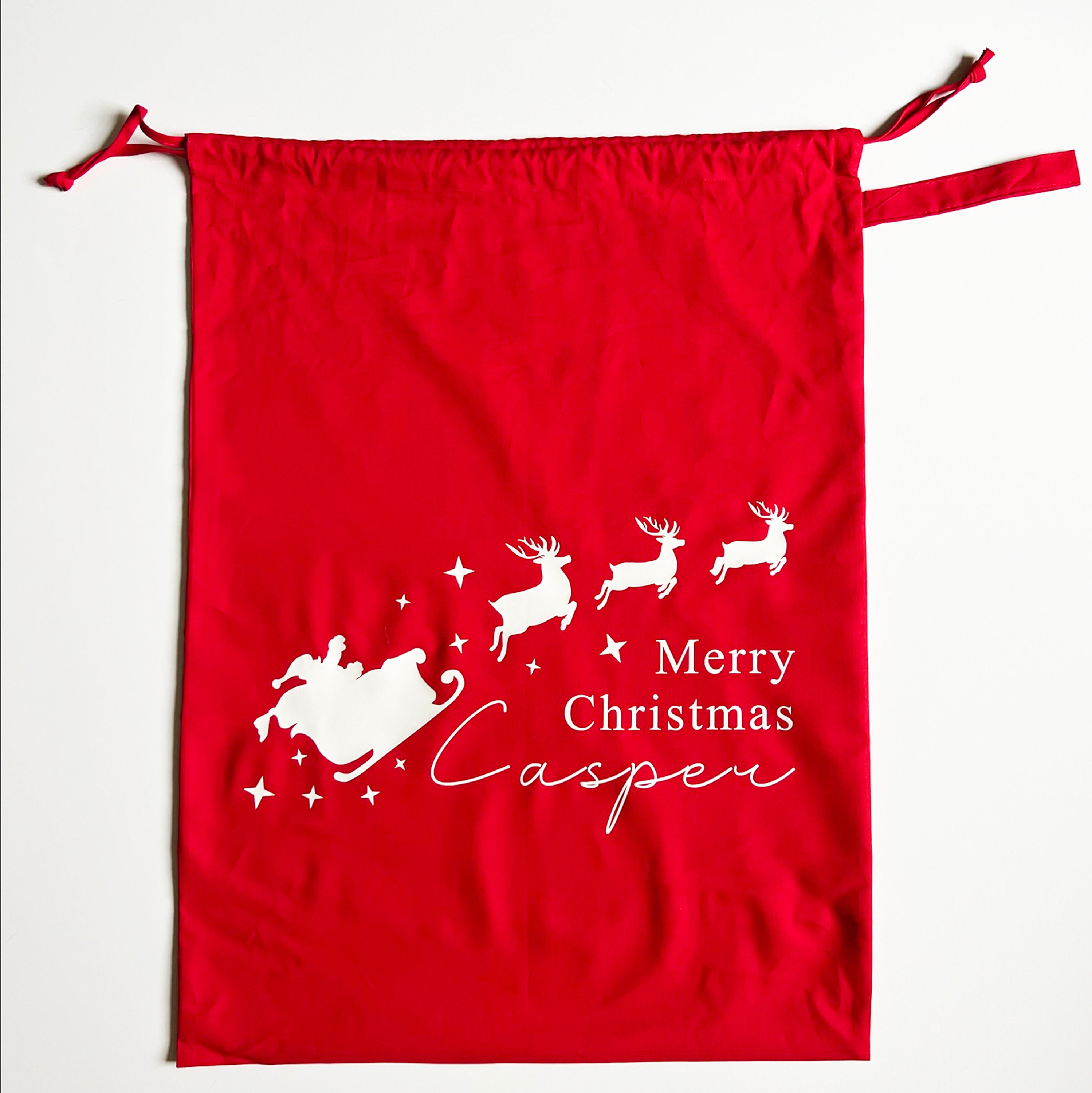 Personalised Red Christmas Sack, Cotton fabric Sack, Santa Sack, Christmas Stocking, Father Christmas reindeer, Child Xmas, Personalize Gift
