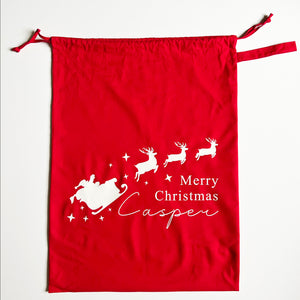 Personalised Red Christmas Sack, Cotton fabric Sack, Santa Sack, Christmas Stocking, Father Christmas reindeer, Child Xmas, Personalize Gift