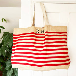 Personalised Beach Bag with Initials, Red Stripe,  Large Hold-all , Tote, Family Beach Bag, Big Shopping Bag, Swimming Bag, Groceries