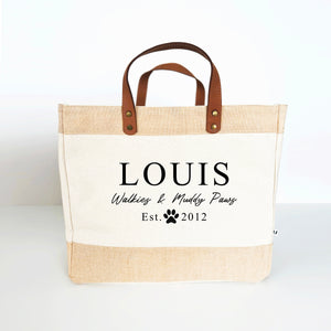 Walkies And Muddy Paws Luxury Tote Bag, Dog Walking Bag, Market Tote Bag, Canvas and Leather Shopping Bag, Gift for Dog Lovers, New Puppy