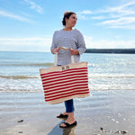 Personalised Beach Bag with Initials, Red Stripe,  Large Hold-all , Tote, Family Beach Bag, Big Shopping Bag, Swimming Bag, Groceries