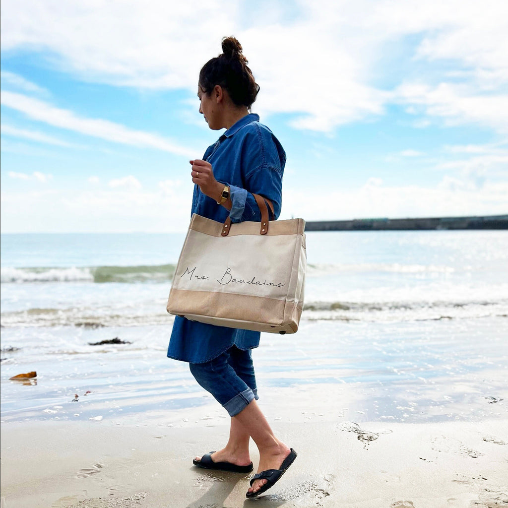 Handwritten Luxury Tote Bag, Personalised Market Tote Bag, Canvas and Leather Shopping Bag, Gift for Christmas Mum, Dad, Gift Unisex Bag,
