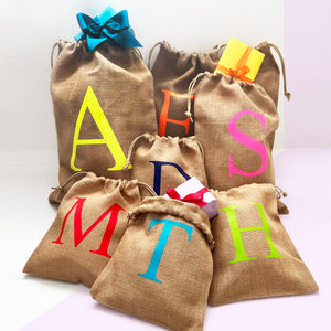 Alphabet Letter Jute Gift Sacks, Holiday gift bags, Santa Sacks, Burlap Sacks, Christmas Stocking Alternatives, festive Decor, Party Bag