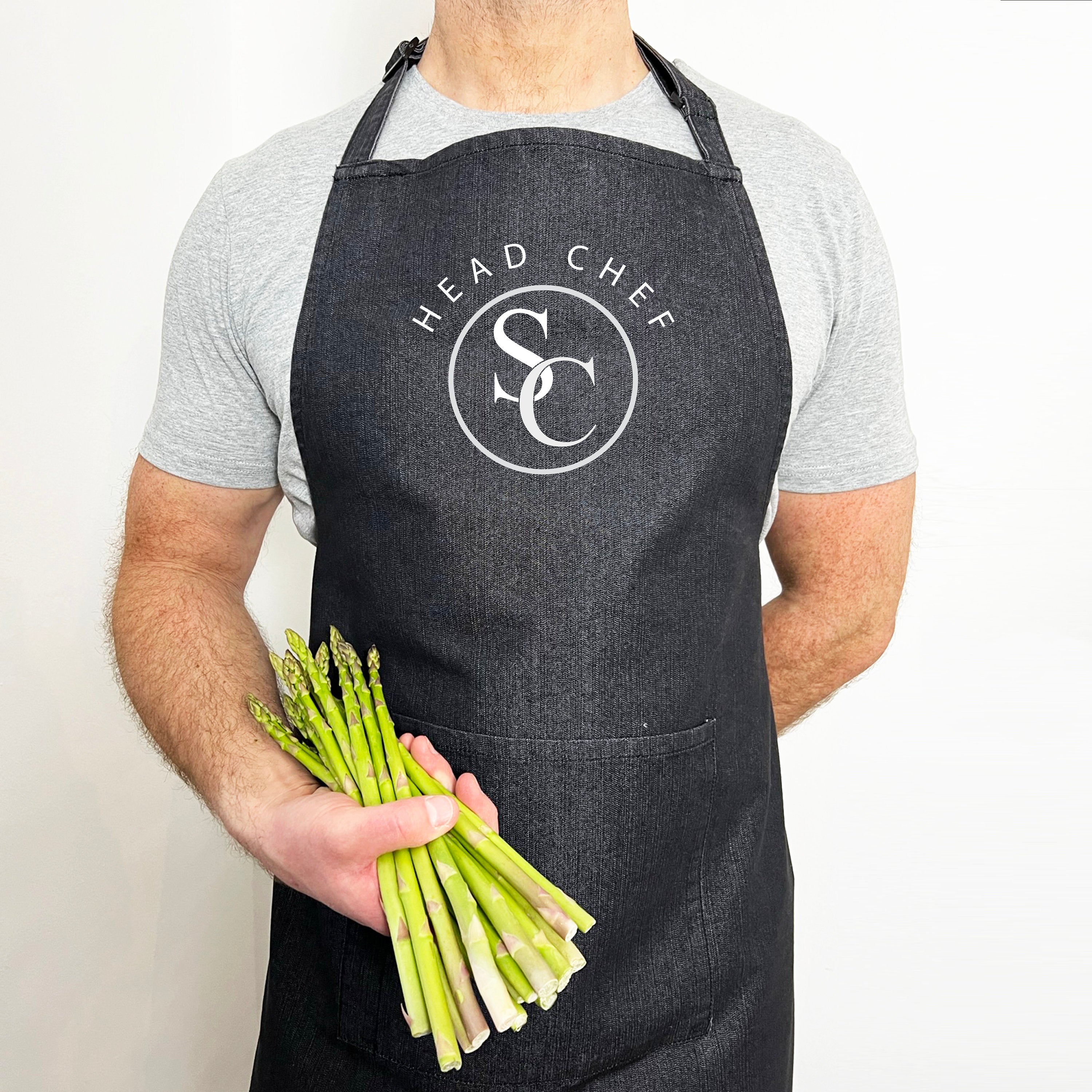 Personalised Monogram Initials Denim Head Chef Apron - baking - Kitchen gift - Dad cooking - gift for her - him - New home - Son Birthday