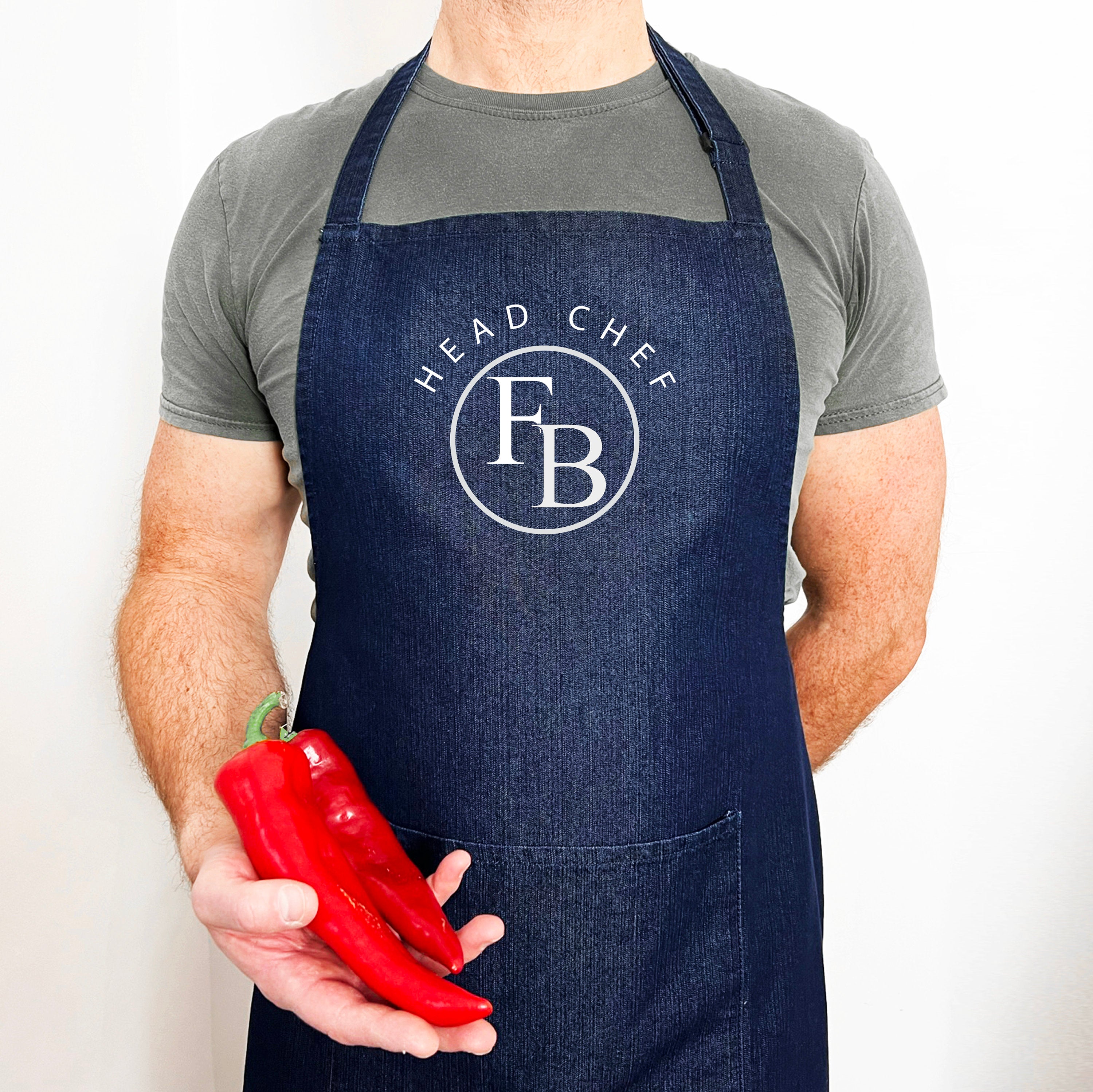 Personalised Monogram Initials Denim Head Chef Apron - baking - Kitchen gift - Dad cooking - gift for her - him - New home - Son Birthday