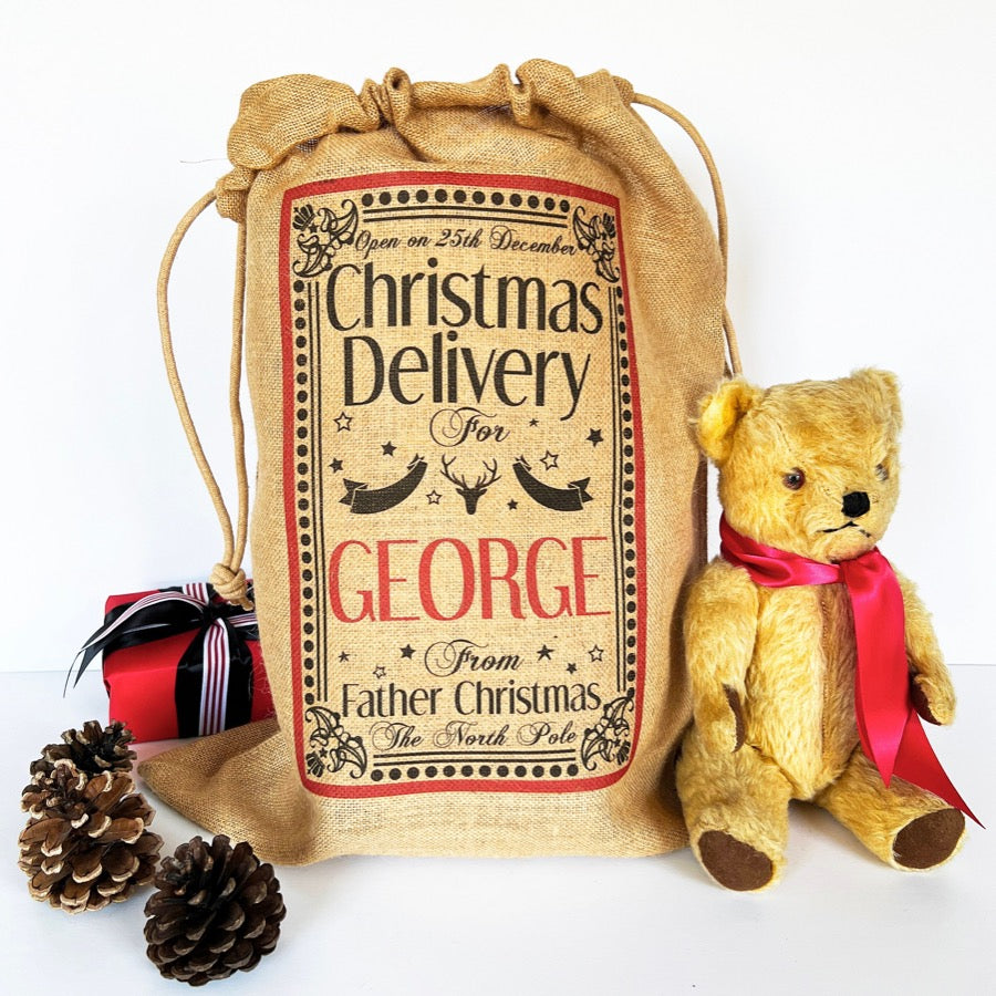 Personalised Christmas Delivery Burlap Sack, Xl, L, M or S, Santa Sack, Hessian Sack, Stocking, Childs Xmas, jute Gift