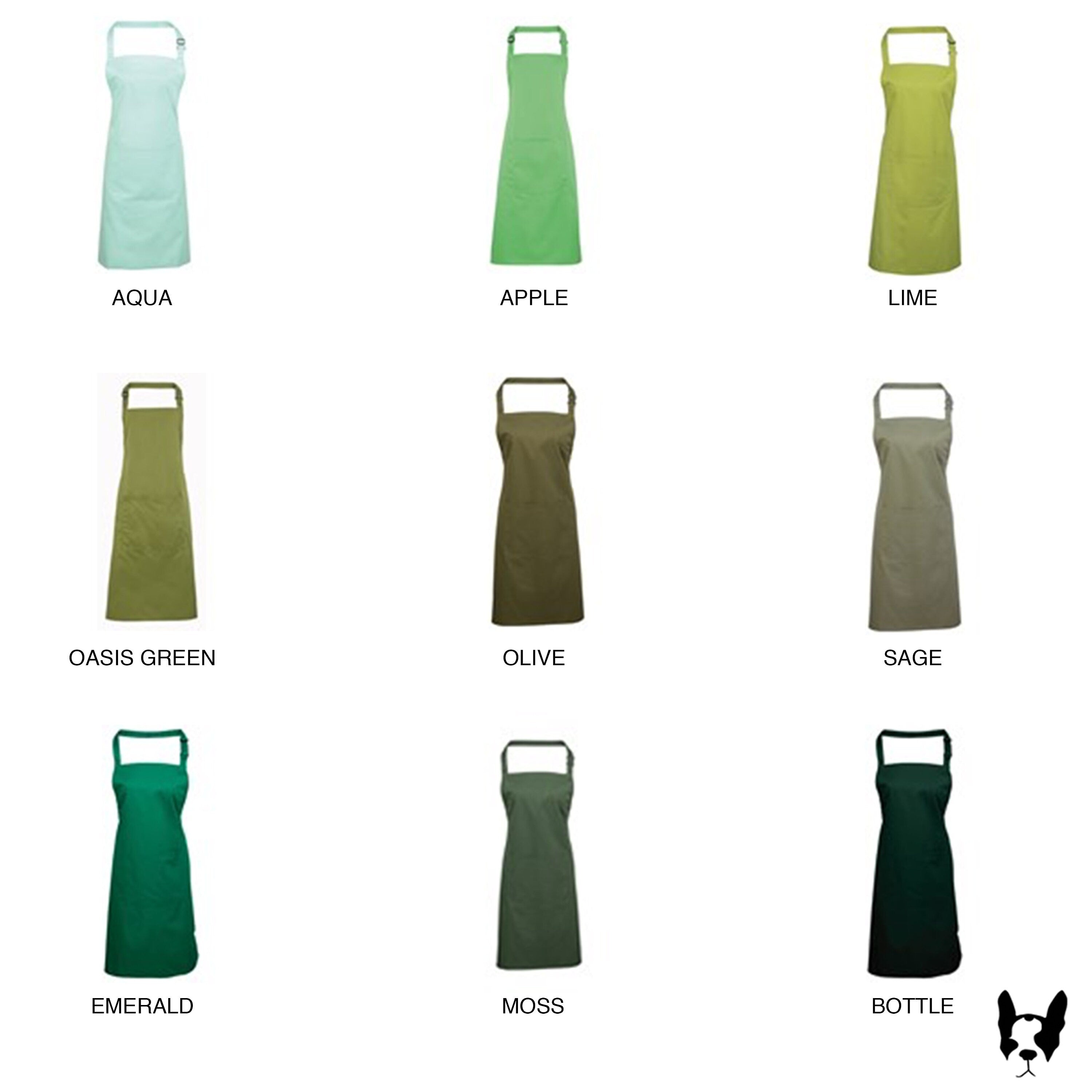 Green-toned Weasel and Stoat aprons in various shades for a stylish and functional kitchen accessory.